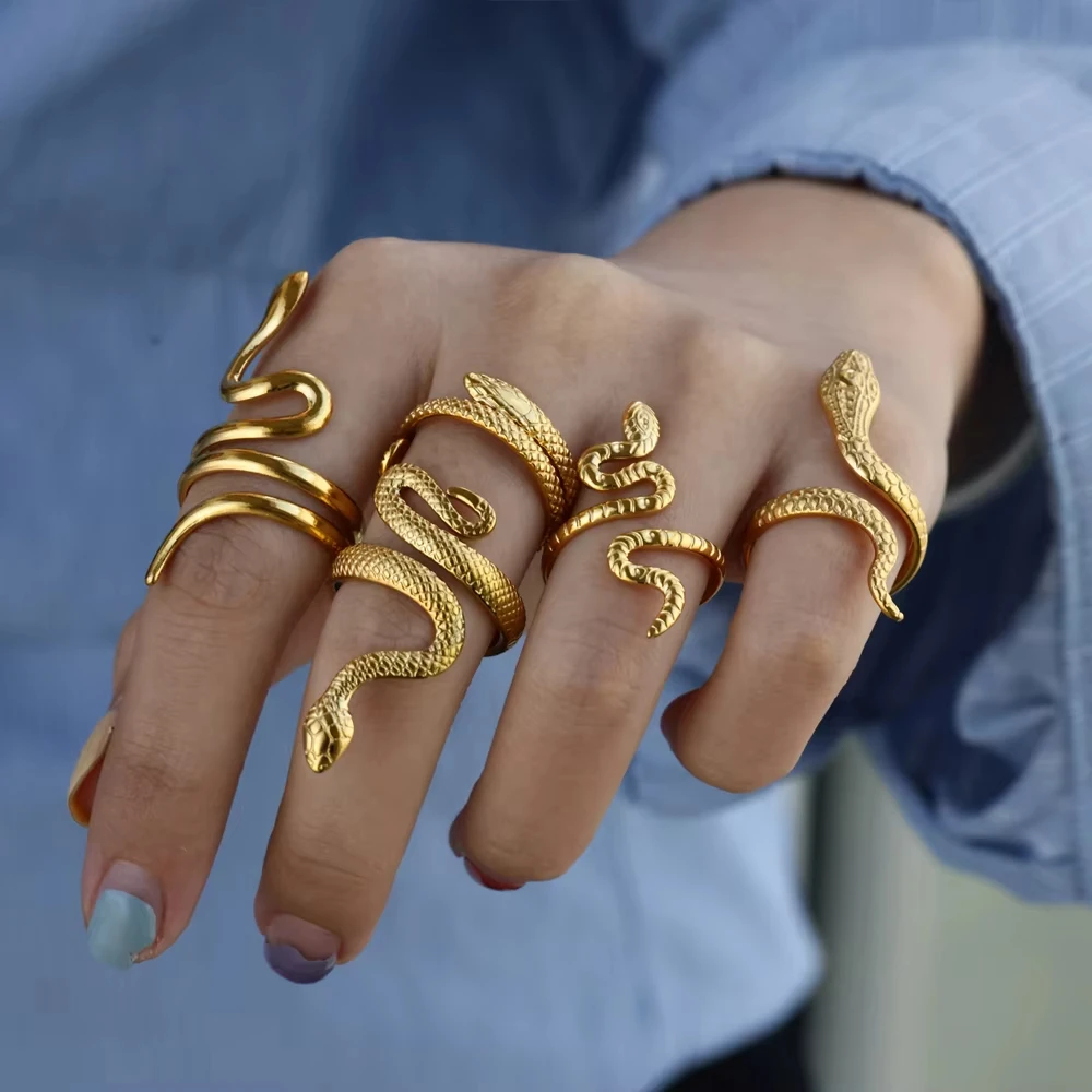 Stainless Steel Snake Rings For Women Men Gold Color Open Adjustable Finger Ring Vintage Gothic Aesthetic Jewelry womens ring finger rings jewelry rings ring jewelry