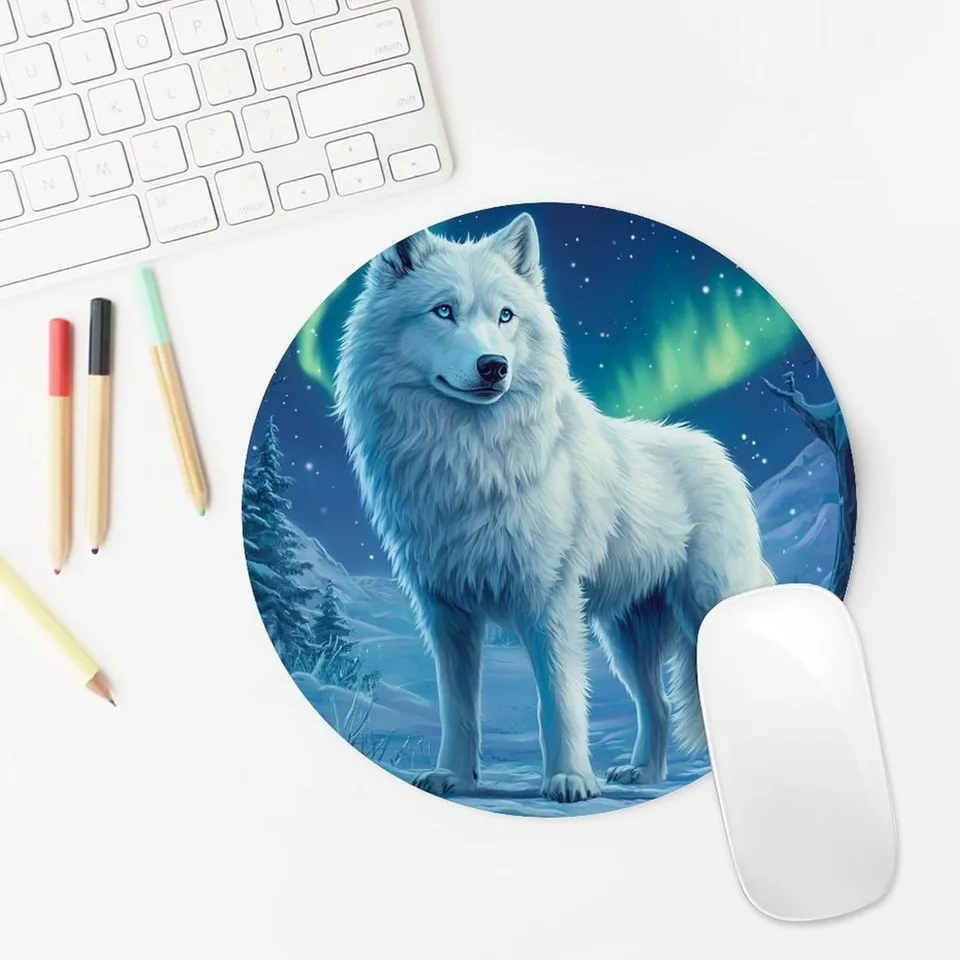 Round Waterproof Gaming Mousepad White Wolf Landscape