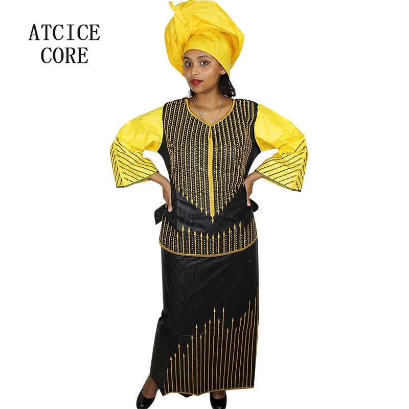 African Dresses For Woman Bazin Riche Embroidery Design Rapper With Scarf