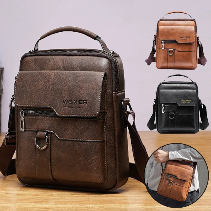 

Vintage Crossbody Bag Simple Men's PU Leather Shoulder Bag Handheld Business Men's Casual Travel Bag Vertical Square Satchel