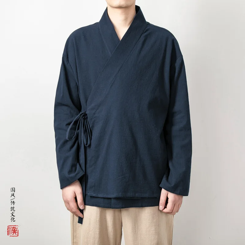 Spring Men Linen Shirt Jacket Men Fake Two-Layer Shirt Vintage Chinese Style Long Sleeve Shirts Male Open Stitch Hanfu
