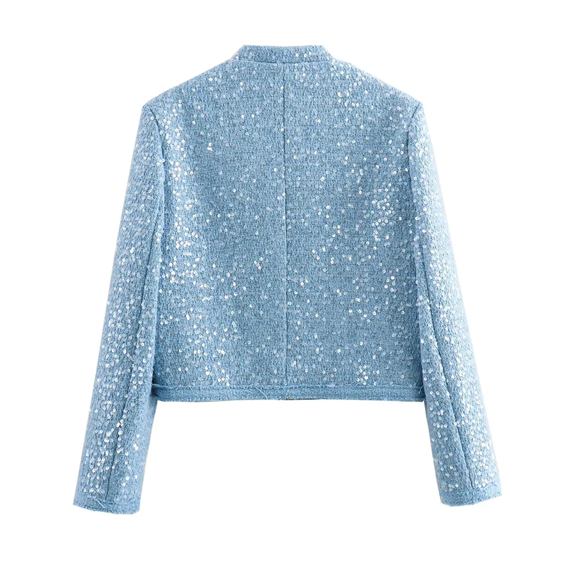 Casual Chic Women Jacket Blue Sequins O-Neck Short Coats New Fashion 2025 Autumn Holiday Elegant Jackets Long Sleeve Outerwear