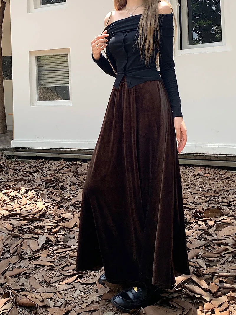 S 2XL 2 Styles Ball Grown Velvet Skirt Women Long Skirts A Line Empire High Elastic