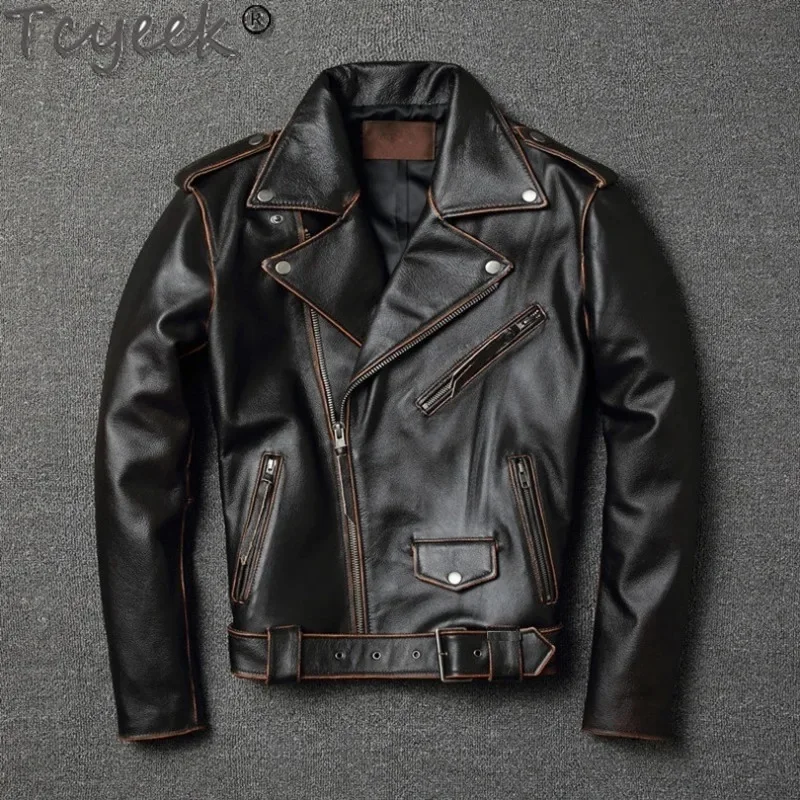 

motor Tcyeek.sales.classic biker genuine jacket.slim real cowhide coat.fashion vintage leather clothing.plus size