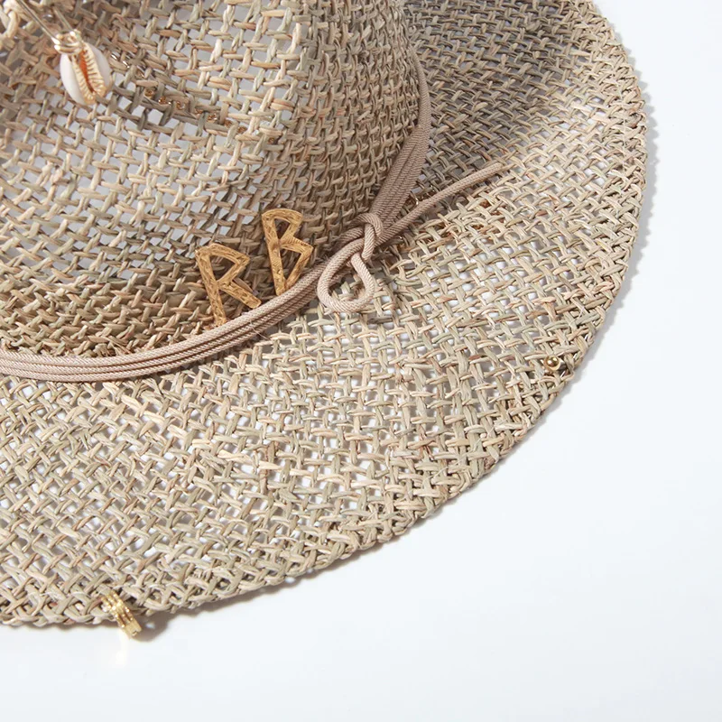 Women's Straw Sun Hat For Summer Beach With Decorative Letter Pin_voghion.com