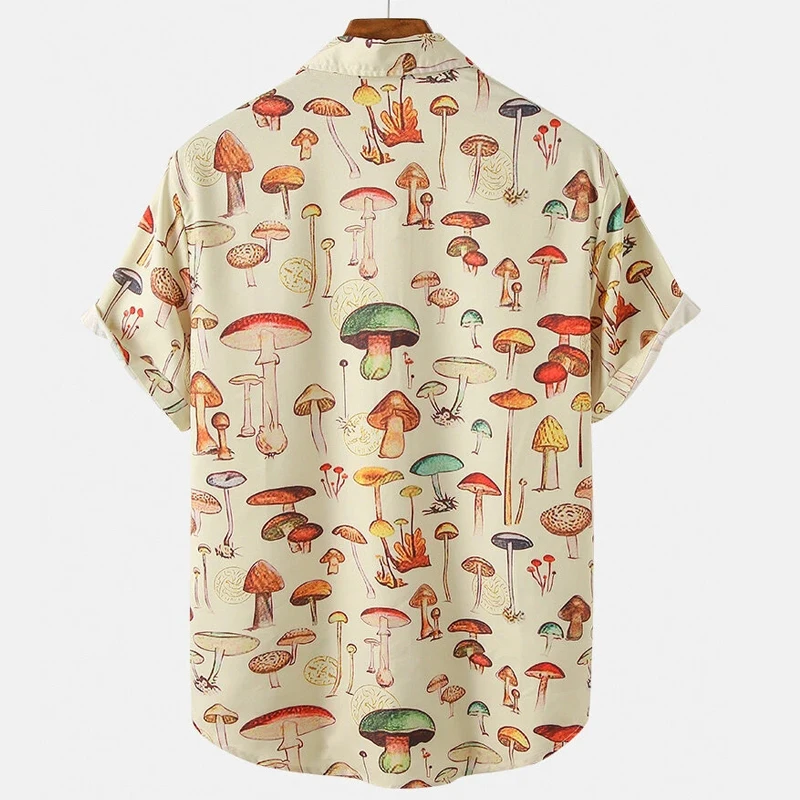 2022 Summer Men\'s Short-sleeved Hawaiian Shirt Casual Lapel Colorful Element Mushroom Pattern 3D Print Button Trend Summer