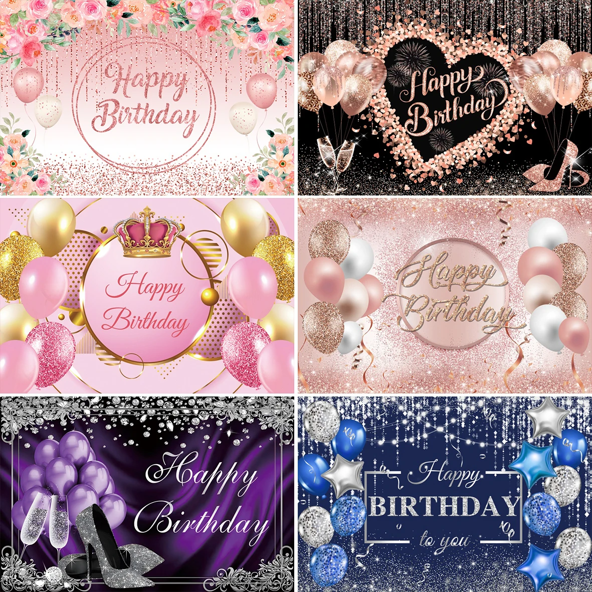 Photo Backdrop Pink Balloons Golden Glitters Diamond Decor Adult Birthday Family Child Party Decoration