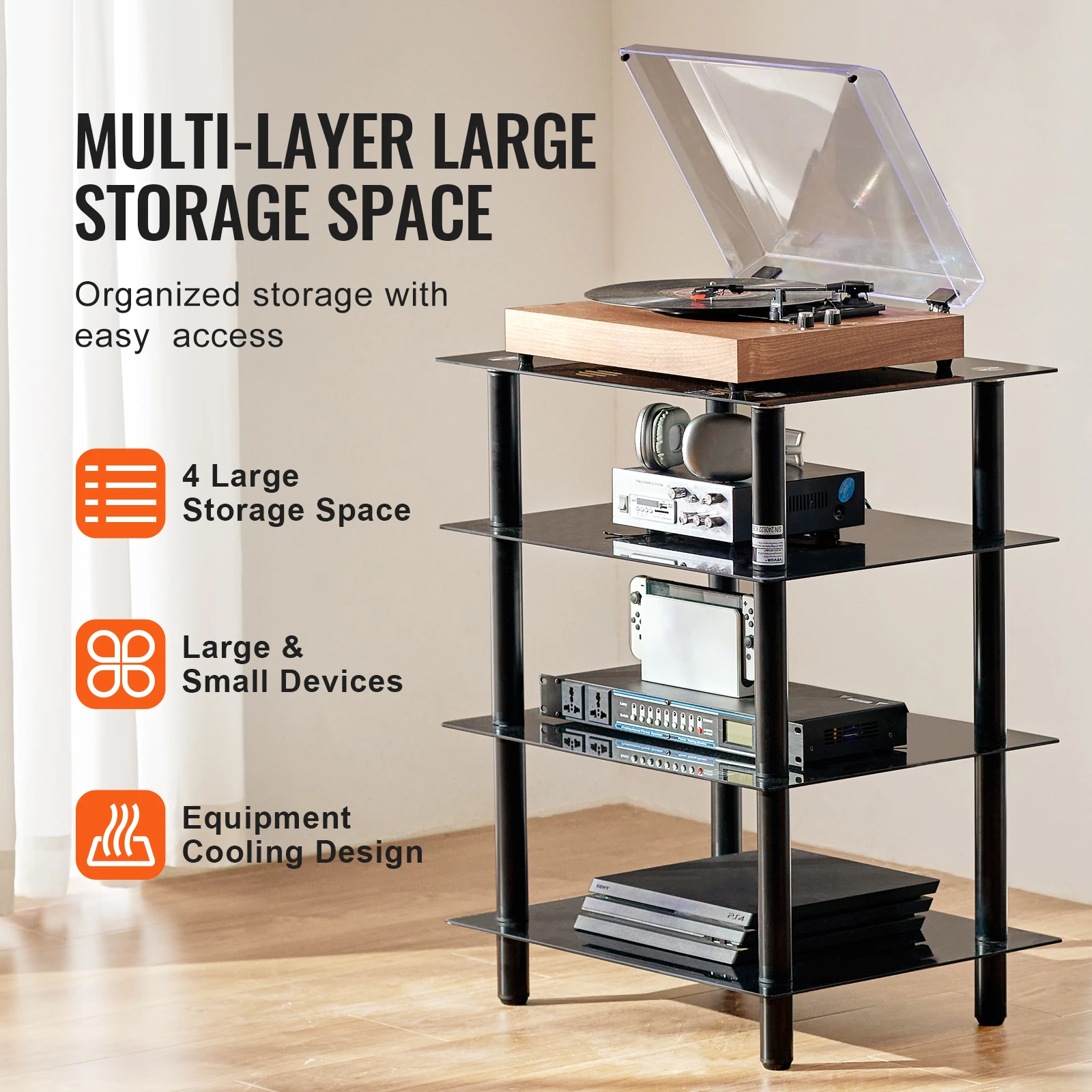 4-Tier AV Media Stand Audio/Video Stand with Strengthened Tempered Glass Shevles for DVD Adjustable Media Storage Cabinet