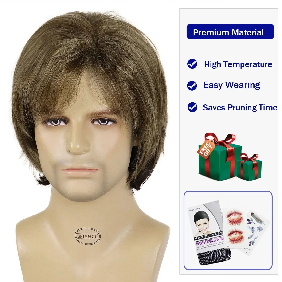 GNIMEGIL Synthetic Brown Wigs for Men Natural Short Straight Hair Breathable Adjustable Daily Man Wig with Bangs Cosplay Party