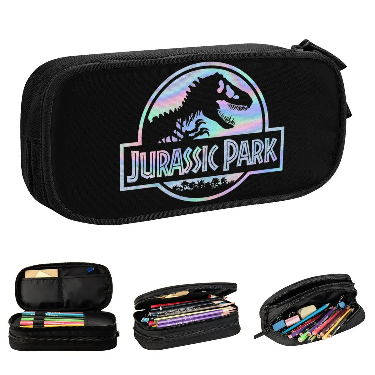 Jurassic Park Pencil Cases Retro Holographic T-Rex Movie Logo Pen Bag Large Storage Studenti School Gifts Pencil Pouch