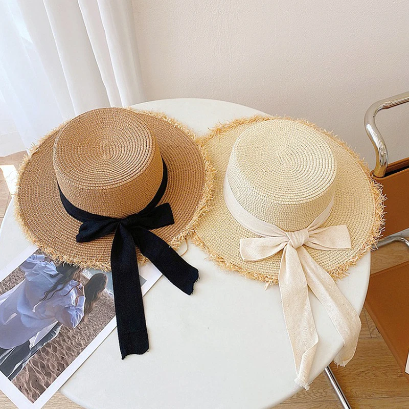 

1pc New Summer Sunblock Beach Hat Travel Holiday Sunshade Flat Straw Hat Light Women's Bow Hair Decoration Solid Color