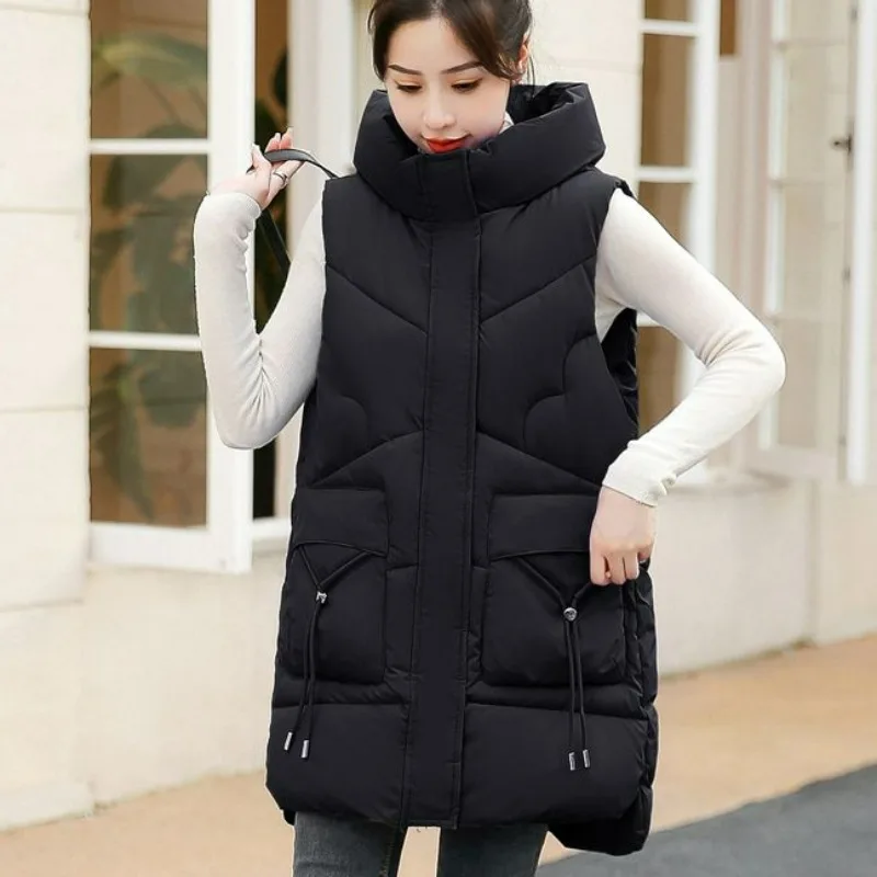 2023 New Autumn and Winter Women Vest Loose Large Size Mid Length Mid Length Version Fashion Hooded Waistcoat Sleeveless Jacket