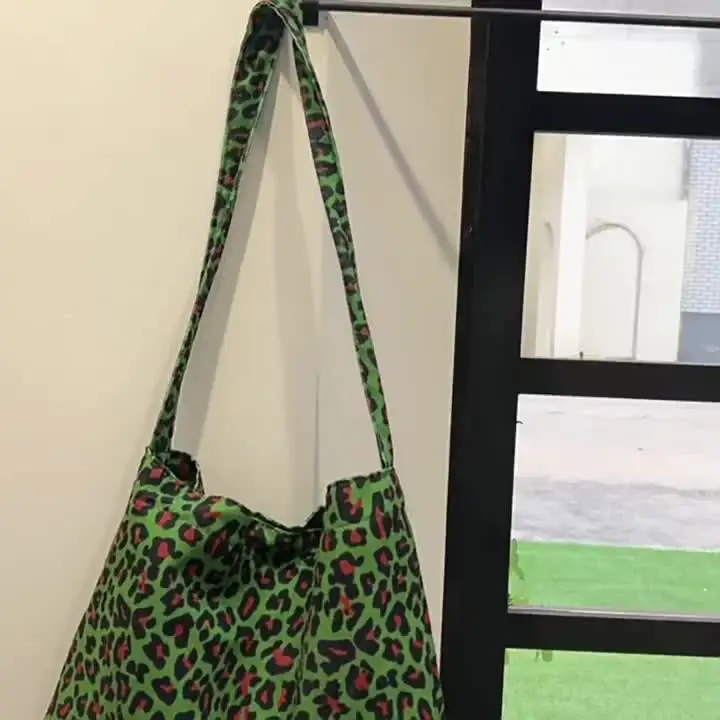 Women's Corduroy Shoulder Crossbody Bag Green Leopard Print Cloth