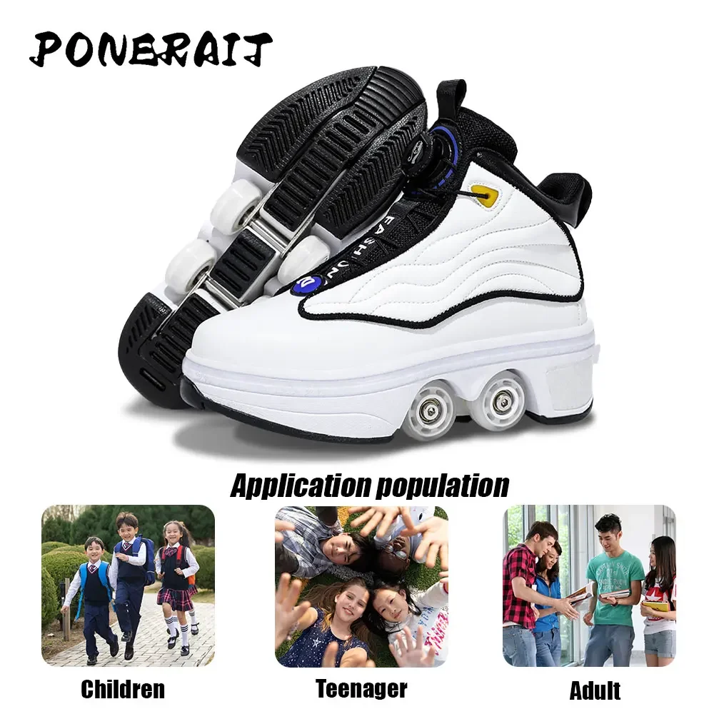 Unisex Automatic Retractable 4-Wheel Roller Skates Women's High Sneakers with Wheels Girls' Dual-Purpose Skating Sports Shoes