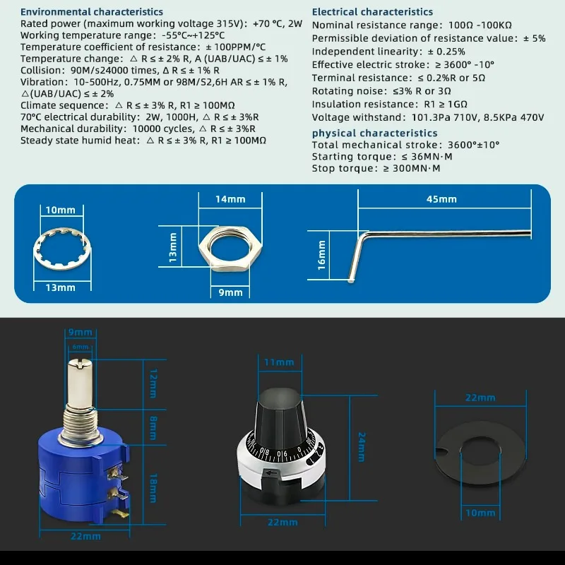 4Sets 3590S Precision Multiturn Potentiometer 4PCS Potentiometer 10 Ring Adjustable Resistor+4PCS Turns Dial Rotates 6.35mm Knob