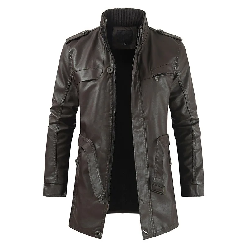 2023 New Men Trendy Mid-Length Motorcycle Leather Outwear Winter Fleece-Lined Casual Youth Stand Collar Leather Wind Coat
