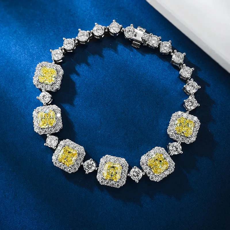 

Spring Qiaoer 925 Sterling Silver Crushed Ice Cut 6*6MM Lab Sapphire Citrine Bracelet Bangle Fine Jewelry Anniversary Gift