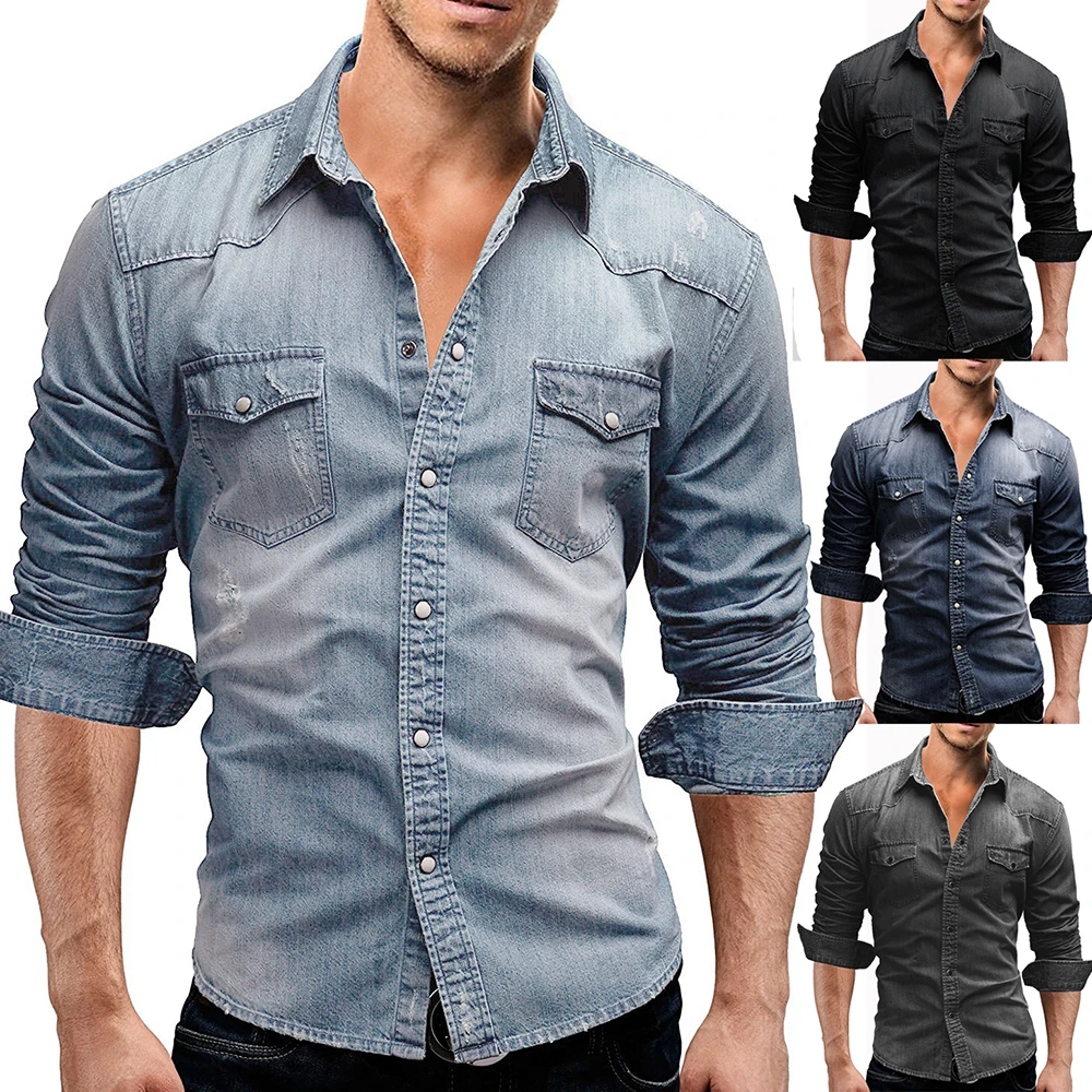 Men Autumn Denim Shirt Short Sleeve Soft Cotton Two Pockets Slim Slight Elastic Cowboy Shirt