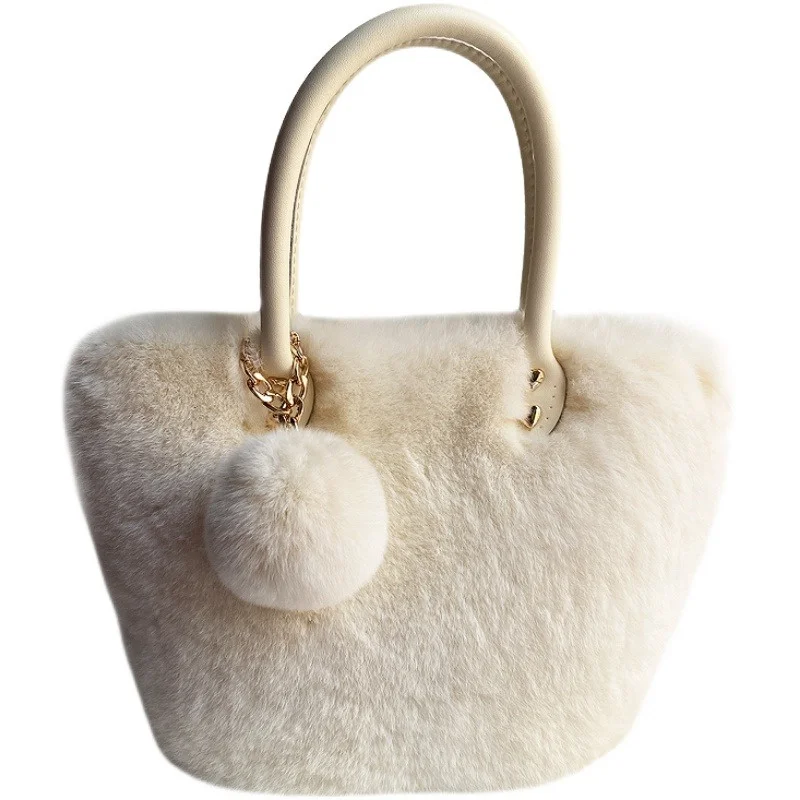 Ladies Luxury High Quality Fur Bag Fashion Rex Rabbit Fur Handbag New Large Capacity Magnetic Buckle Closed Plush Handbag