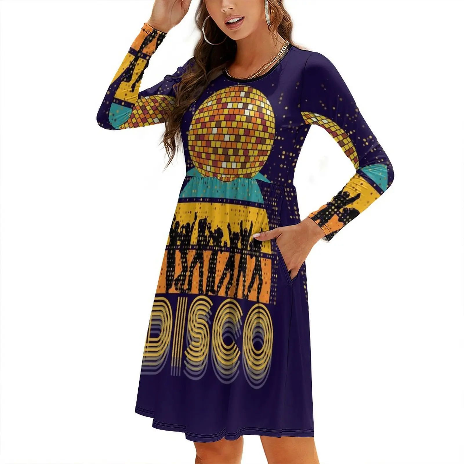 

Disco 70's 80s Themed Shirt Vintage Retro Dancing Old School Round Neck Baggy Dress Women's summer long dress dresses for womens