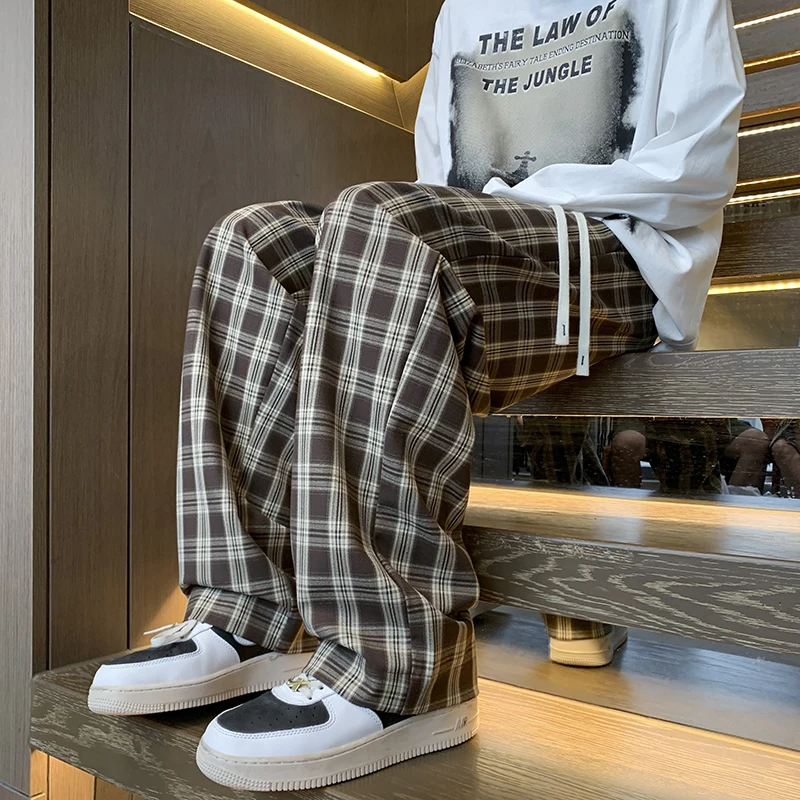 

Trendy Straight Tube Casual Pants Men's Loose Plaid Wide Leg Pants Harajuku Streetwear Hip Hop Autumn New Trousers