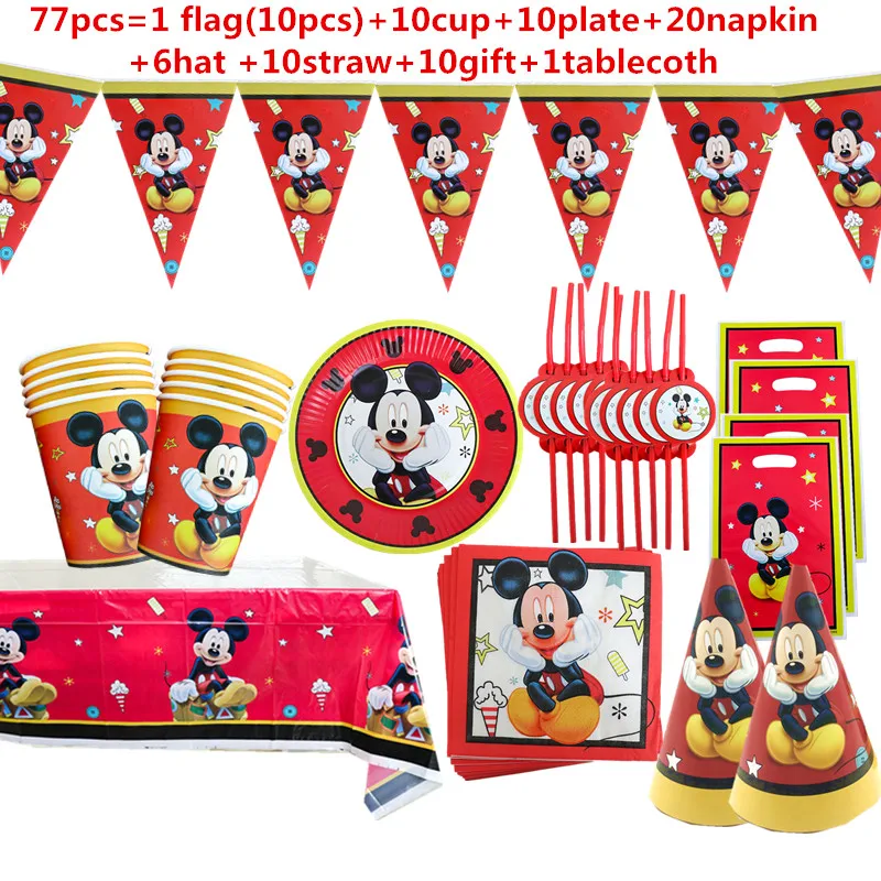 1Set Red Mickey Mouse Theme Disposable Paper Cups Plates Flexible Straws Baby Shower Kid Birthday Napkin Decoration Supplies 