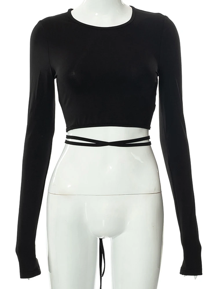Sexy Backless Lace ups Pullover Tees Women Autumn Black O-neck Slim Longsleeve Short T-Shirt704_voghion.com