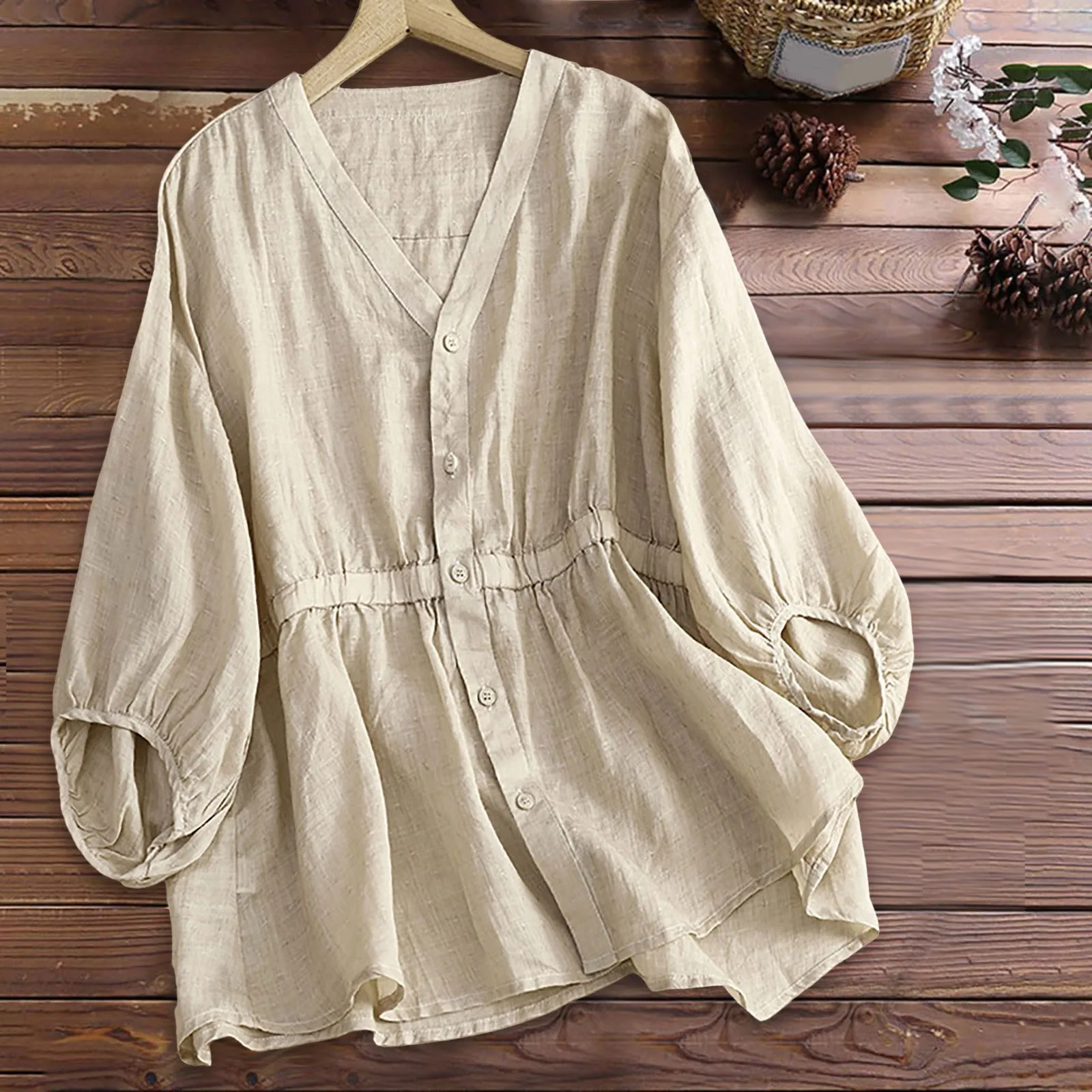 

Cotton Linen Tops Shirts Women Half Sleeve V-Neck Single Breasted Drawstring Waist 2024 Summer Vintage Blouses Blusas