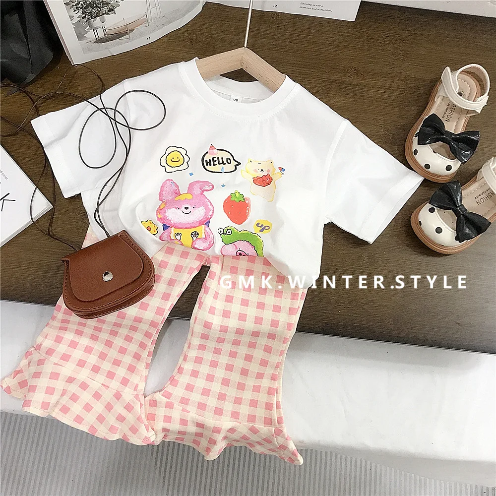 

Korean Summer Children Girl 2 Piece Clothes Set Cotton Cartoon Bear Printed Top Elastic Waist Plaid Flare Pant Baby Girl Outfits