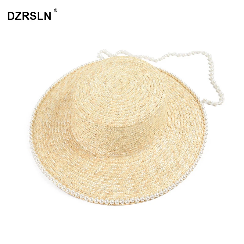 

Summer New Ins Blogger Handmade Pearl Chain Straw FLat Top Straw Hat Women's Beach Vacation Sun Hat Modeling Bucket Hat