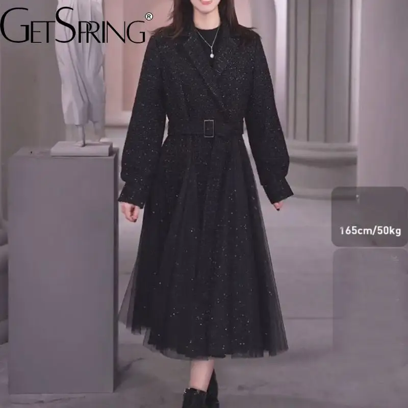 

GetSpring Women Woolen Coat 2023 Autumn Winter Vintage Mesh Stitched Belt Loose Long All Match Black Wool Jacket Fashionable New