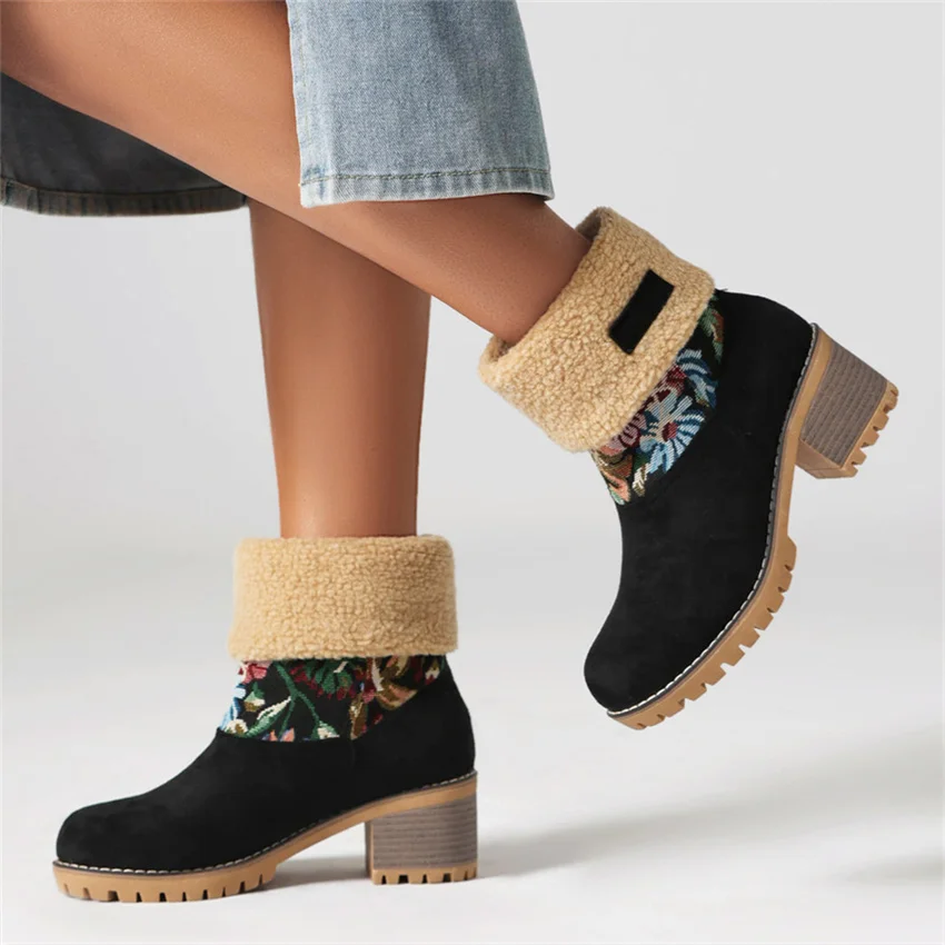 

Ankle Women Snow Boots 2023 Winter Comfort High Heel Embroidery Large Size 45 Round Toe Women Shoes Dropshopping
