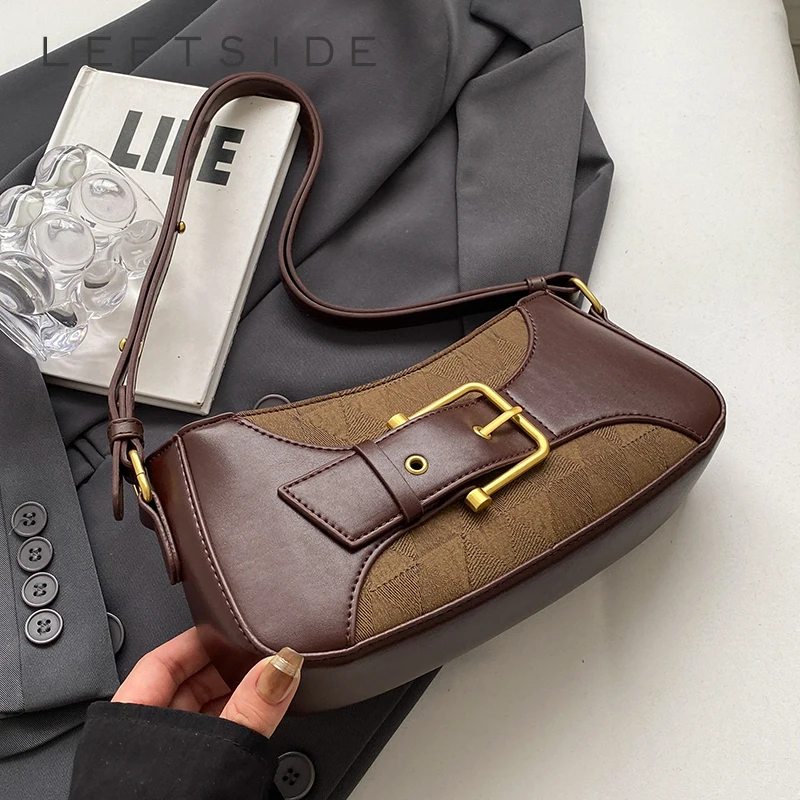 

LEFTSIDE Belt Buckle Design Leather Small Shoulder Bag for Women 2023 Winter Female Simple Small Retro Crossbody Bag Handbags