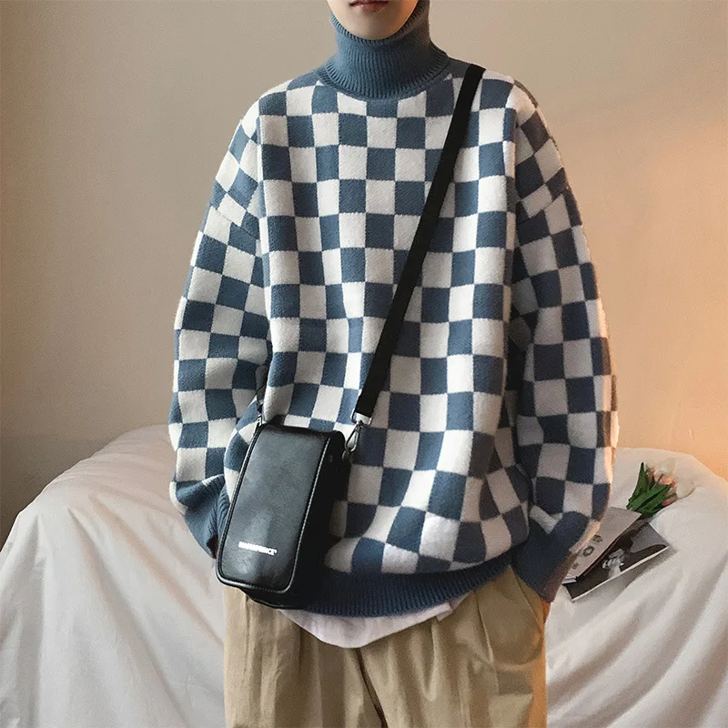 

EBAIHUI Men's Turtleneck Sweaters Plaid Leisure Loose Fashion Pullover Chess Board Pattern Knitted Preppy Style Fashion Jumper
