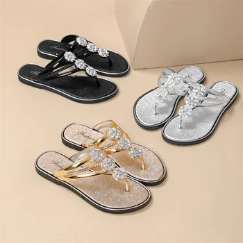 Woman's Sandal Flip Flops Fashionable Flip Flops Rhinestones High-end Clip on Sandals Large Size Flat Slippers Summer Sandals 1