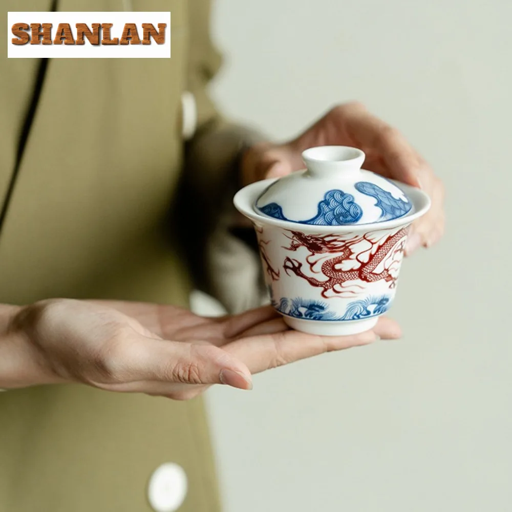 150ml Blue And White Cover Bowl Creative Dragon Pattern Ercai Gaiwan Antique Tea Tureen Tea Maker Chinese Items Ornaments