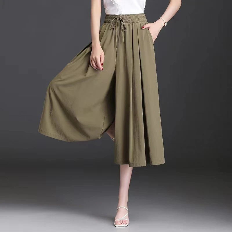 

Ice Silk Wide Legs High Waist Summer Thin Women's 2024 Pocket Fashion Solid Color Seven Point Casual Drop Feeling Skirt Pants