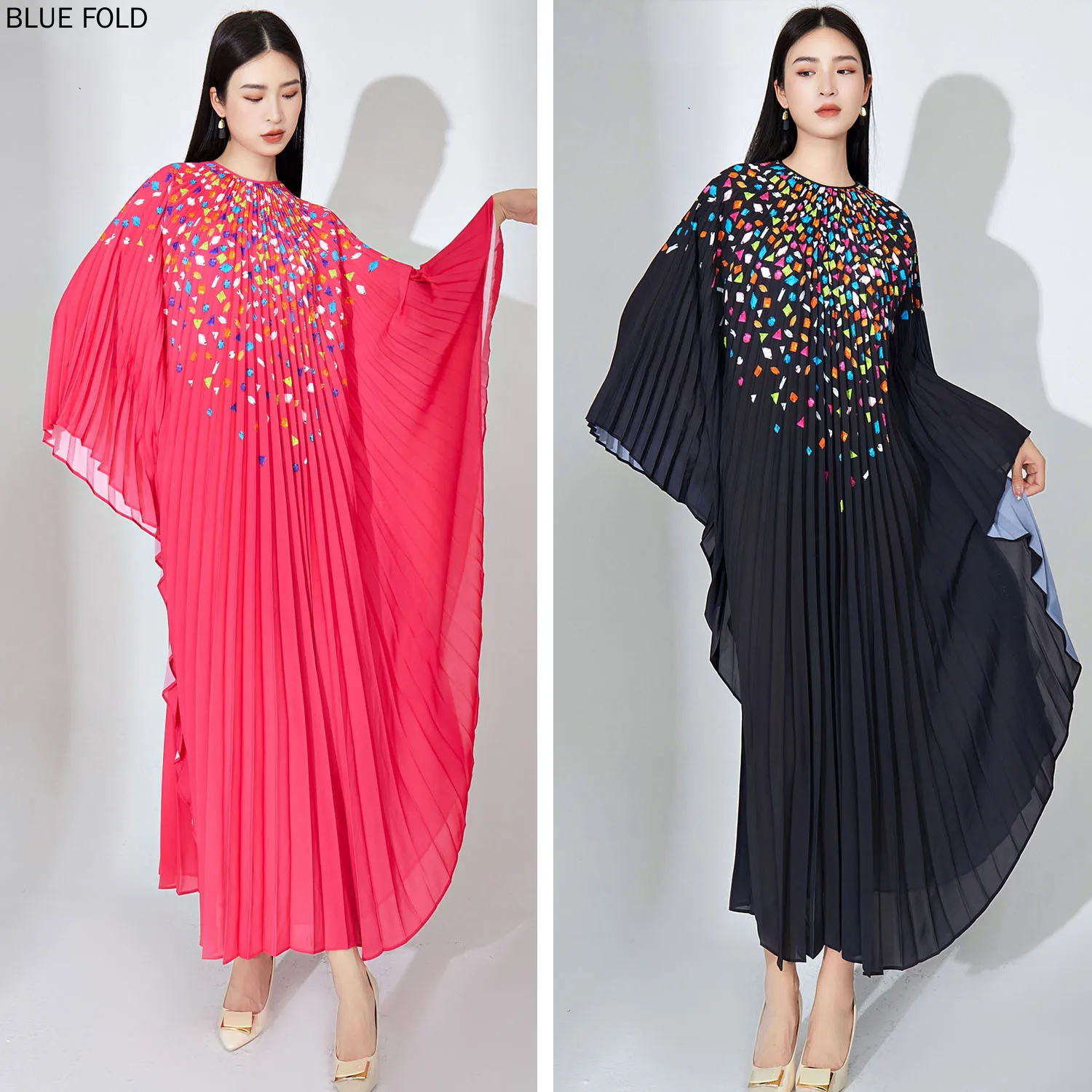 

European and American Pleated Long Dress Large Size Loose Printing Irregular One-piece Sleeve Temperament Elegant Holiday Wind