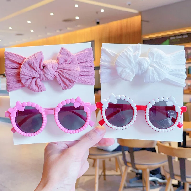 2 teile/satz neue Kinder Mode runde Bowknot Farben Sonnenbrille uv400 niedlichen weichen Bowknot breite Haar bänder Set Kinder Haarschmuck
