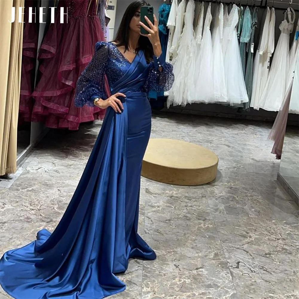 

JEHETH Navy Blue Long Puff Sleeves Satin Evening Dress for Women Formal Sexy Mermaid V-Neck Pleats Prom Party Gown Sweep Train