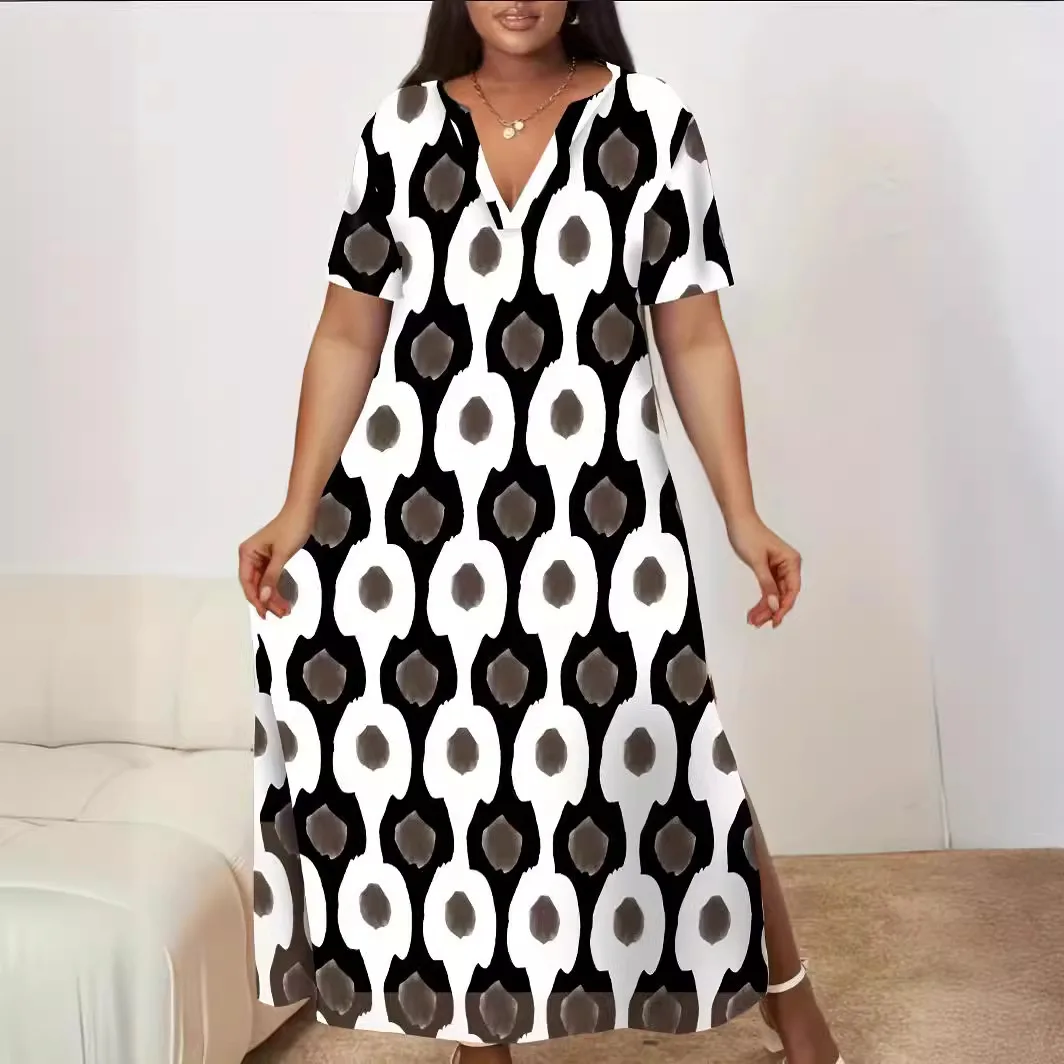 

Женское длинное платье с коротким рукавом, платье с V-образным вырезом и принтом в европейском и американском стиле, осень-лето 2024