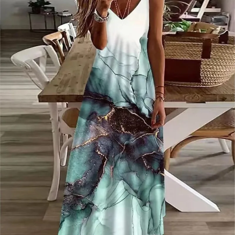 

Women's Summer V-neck Sexy A Version Long Robes Loose Print Strap Dresses Maxi Vestidos De Mujer Elegantes Para Fiesta 2023