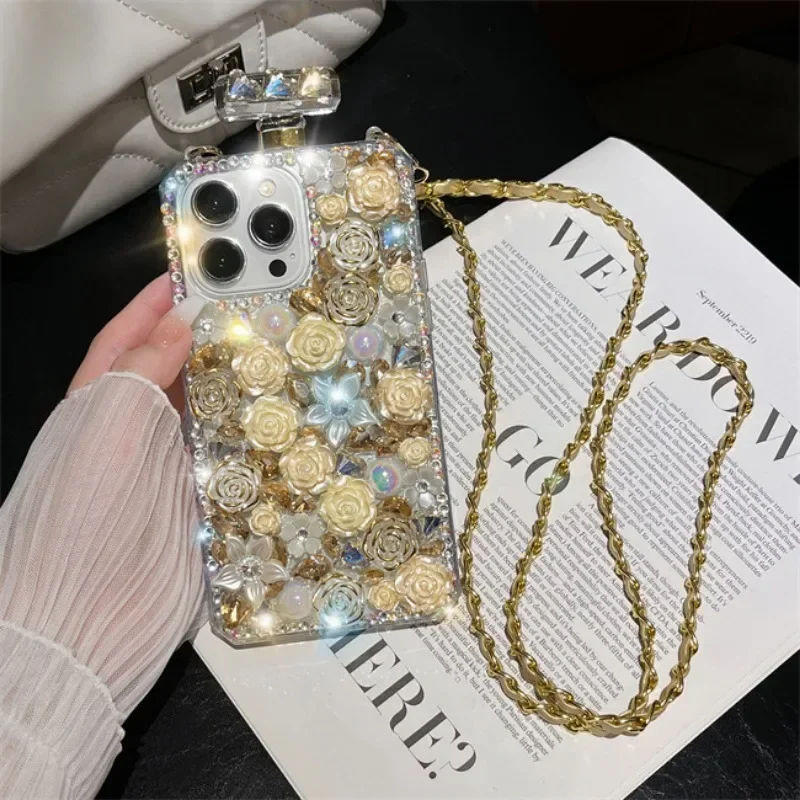 Luxury Bling Rose Flowers Crossbody Diamond Phone Cover For iphone 15Pro 14Plus 13 Pro 12 Mini 11Pro MAX XSMAX XR 7 8 PLUS Case