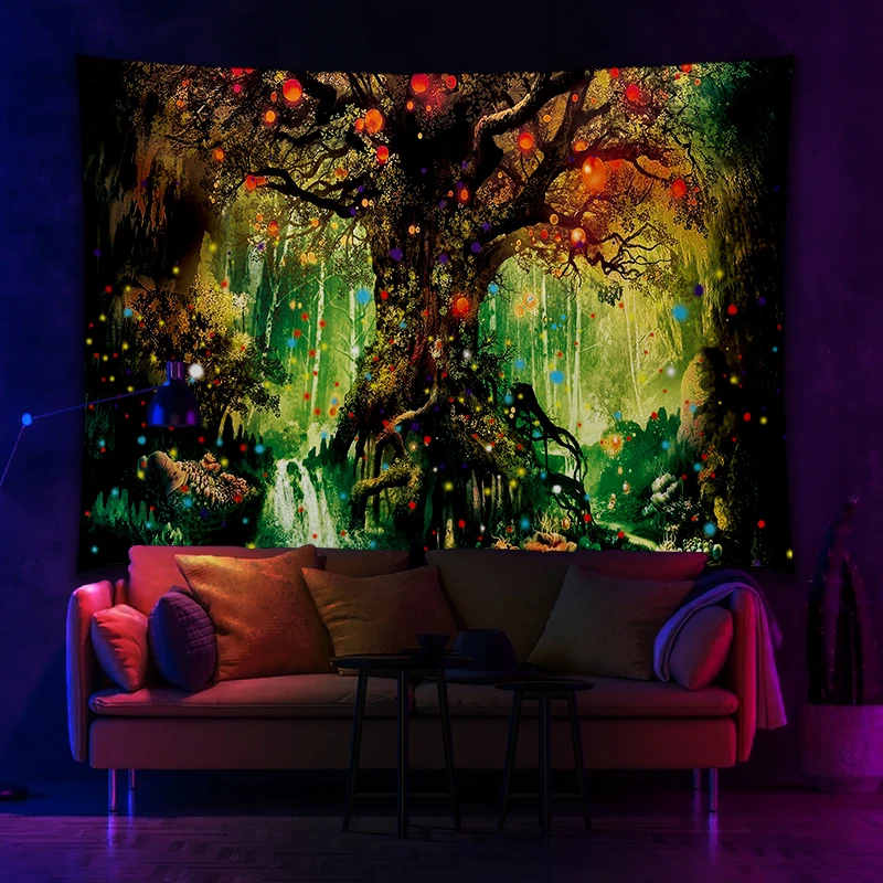 

Orange Forest Tree Lamp Printed UV Fluorescent Tapestry For Wall Hanging Cloth Living Room Bedroom Independent Room Decoration