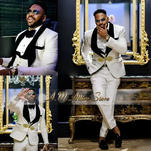 White Jacquard Men's 3-Pcs Suit Black Velvet Shawl Lapel Blazer Vest Pants Set for Wedding Groom Ball Party Handmade Tuxedo - Image 3