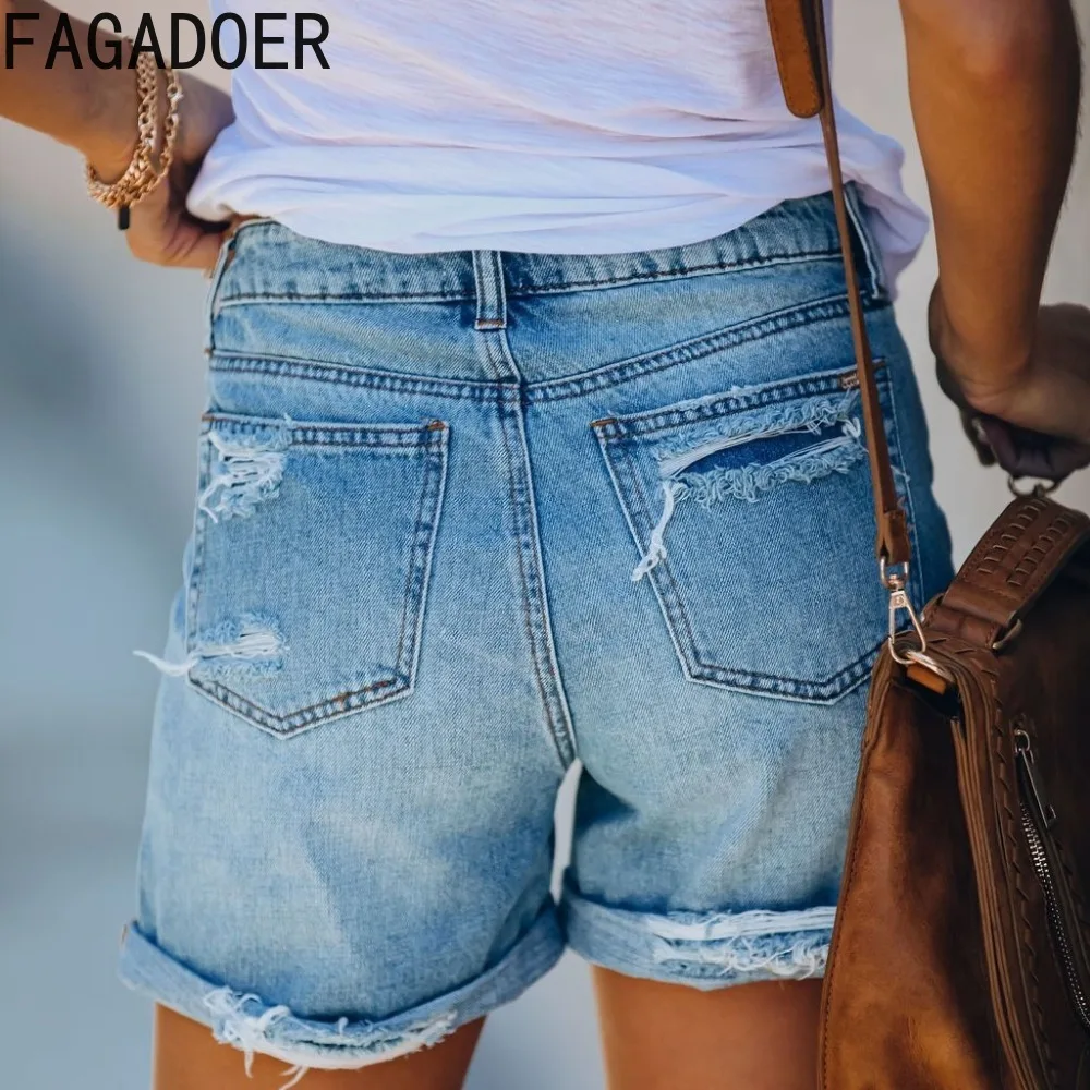FAGADOER Summer Hole Denim Shorts Women High Waisted Button Pocket Jean Casual Female Solid Matching Cowboy Bottoms Streetwear