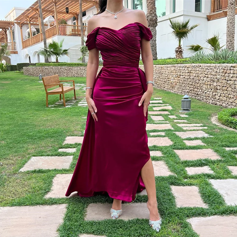 

Satin Straight Evening Dresses Sweetheart Neck Pleat Backless Off Shoulder Prom Gown Vintage Maxi Dress فساتين سهرة فخمه