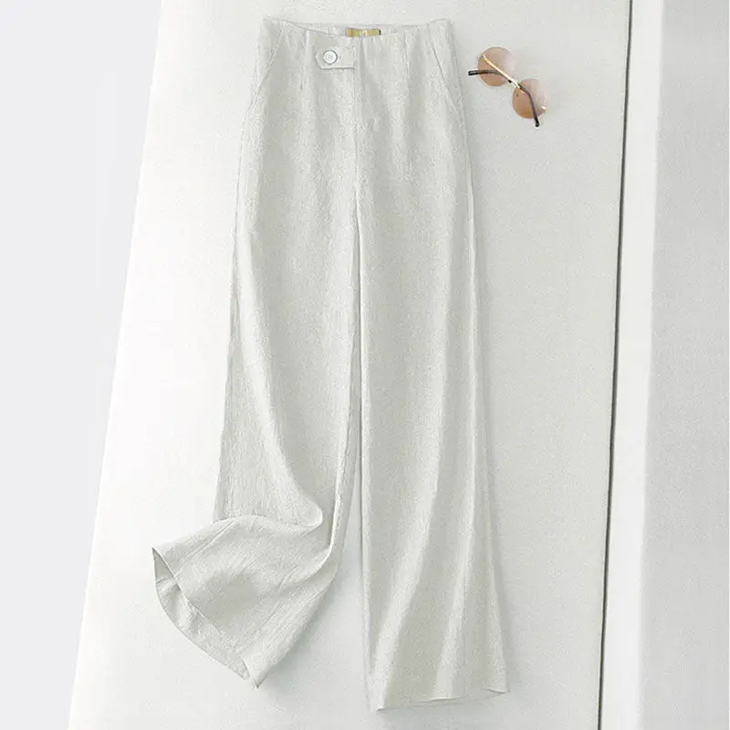 Women Casual Cotton Linen Straight Pants 2023 Spring Summer High Waist Baggy Pants Ladies Office Work Button Oversized Pantalone