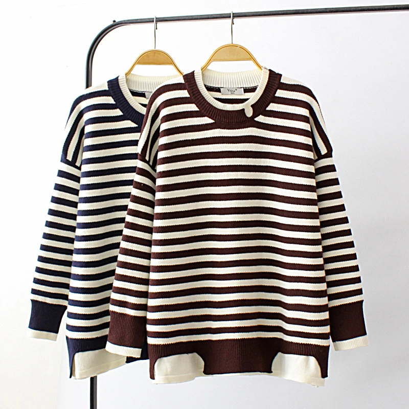 

Женский свитер в полоску с круглым вырезом и круглым вырезом, модный дизайн, сшитый из двух частей, осень 2022, новый универсальный пуловер, свитер, свободный топ