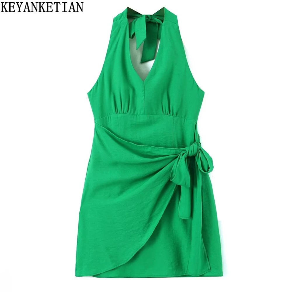 

KEYANKETIAN summer new women's hanging neck backless dress holiday style sexy knot decorated sundress green mini skirt